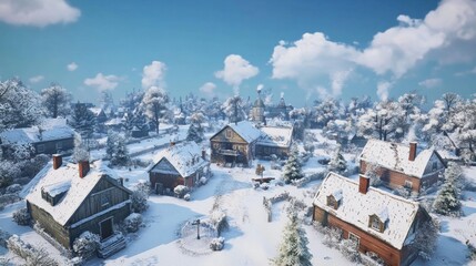 Snow-covered village in winter wonderland with rustic wooden cabins and scenic landscape