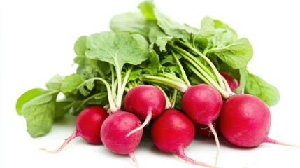 A vibrant bunch of red radishes with their green leafy tops and crisp texture, Each radish’s vibrant color and subtle imperfections captured with precision