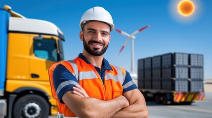 Fototapeta premium Confident construction worker in safety gear stands in front of truck and wind turbine, under sunny sky, representing renewable energy industry.