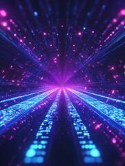 Fototapeta premium Vibrant neon blue purple digital tunnel glows brightly. AI Generated