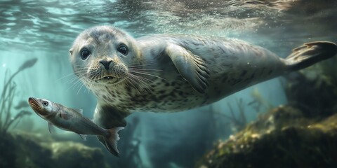 Fototapeta premium Seal swims gracefully underwater, hunting fish in a kelp forest during midday sunlight