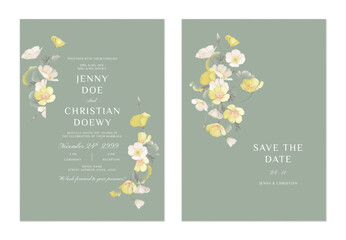 wedding invitation and save the date template set of delicate white and yellow California Poppy flowers on a soft sage green background, adding a calming and sophisticated atmosphere