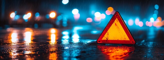 Emergency warning triangle on rain-slicked road at night.