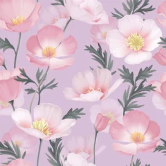 Fototapeten Floral seamless pattern features delicate pink California Poppy flowers in various stages of bloom and green leaves on a soft purple background offering a serene and elegant aesthetic © momosama