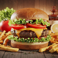 Delicious Cheeseburger and French Fries. fast food cheeseburgers attractive look