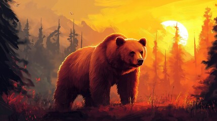 Majestic bear walks through a vibrant forest at sunset in a serene wilderness setting