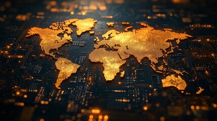 gold world map overlaying a microchip background symbolizing technology global connectivity and innovation minimalistic bright tones with blurred modern empty space for text