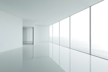 Obraz premium Modern Minimalist White Office Interior with Expansive Window Wall and Reflective Floor