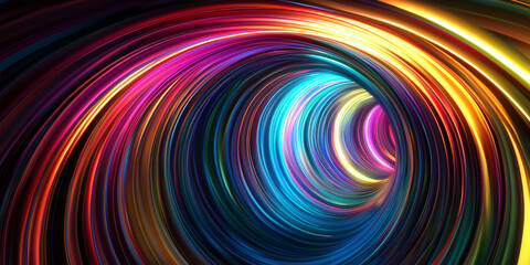 Obraz premium 3D render of colorful neon light lines spinning in a circle on a dark background, creating a tunnel effect, generative AI