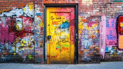 Vibrant Graffiti Art on Brick Wall with Yellow Door