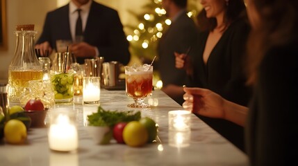 Close-up of cocktails and candles on a marble bar top.  Blurred guests and a Christmas tree in the background create a festive atmosphere.  Perfect for holiday celebrations.