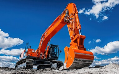 Large orange excavator with hydraulic arm and bucket against a blue sky with clouds