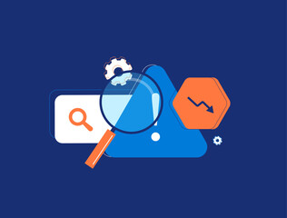 SEO mistakes with magnifying glass warning triangle and falling graph. Search optimization errors ranking drop digital marketing problems troubleshooting concepts. Analyzing seo issues illustration