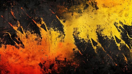 Abstract artwork featuring bold colors of black, orange, and yellow in an expressive design.
