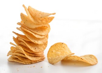 closeup potato chips in white background
