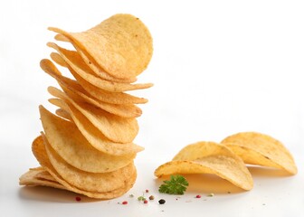 closeup potato chips in white background