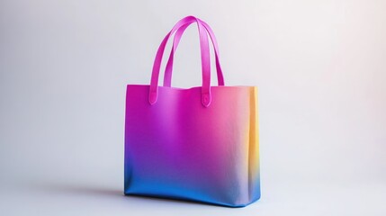 Colorful ombre tote bag with pink handles on white background.