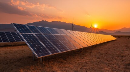 Solar panels on a field under a vibrant sunset, with wind turbines and mountains in the background, showcasing renewable energy and sustainable practices.