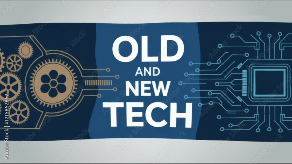 Aufkleber blue banner showing old and new tech with cogs and circuits