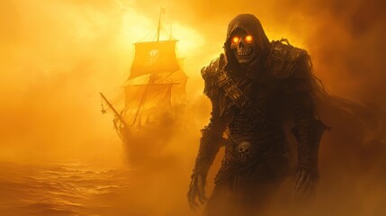 Skeletal figure in hooded cloak near ship, fiery, hazy background. Illustrates dark fantasy, pirate lore, or undead themes.