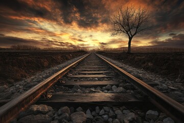 Dramatic sunset over railroad tracks leading to horizon with bare tree silhouette