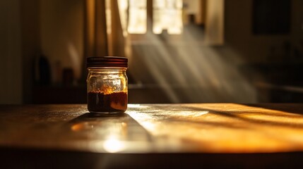 Warm sunlight dramatically illuminates a glass jar on wood table. AI Generated
