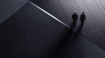 High angle view two men walking confidently dark building dramatic shadows. AI Generated