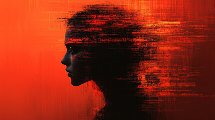 Pixelated silhouette of a faceless figure surrounded by an aura of mystery and darkness evokes themes of anonymity secrecy digital chaos and the enigmatic nature of human identity in the virtual realm