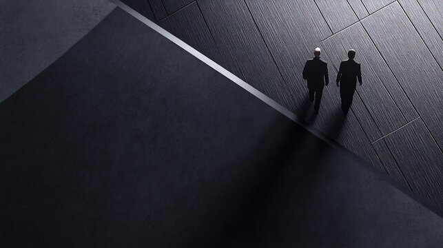 High angle view two men walking confidently dark building dramatic shadows. AI Generated
