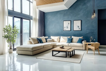 Fototapeta premium Loft interior design modern living room with blue stucco wall