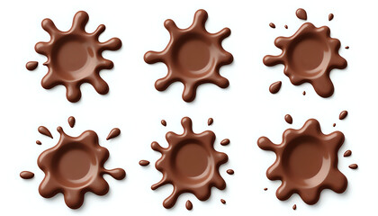 A set of six chocolate splashes on a white background.