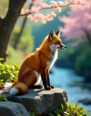 A majestic orange fox stands on a rock in a dimly lit river