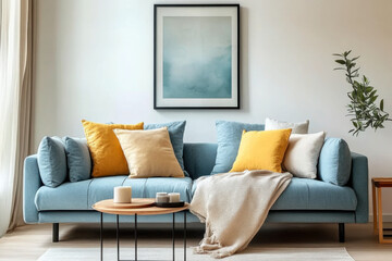 Blue sofa with yellow pillows  Scandinavian home interior design of modern living room