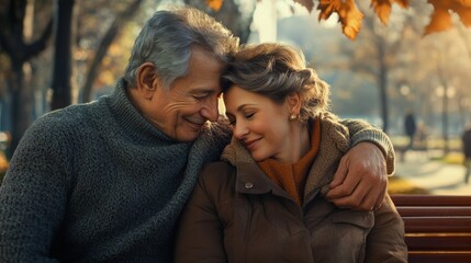 Fototapeta premium A warm, intimate moment between an elderly couple enjoying each other's company in a tranquil autumn park.