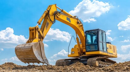 Yellow excavator machinery under blue sky with white clouds at a construction site