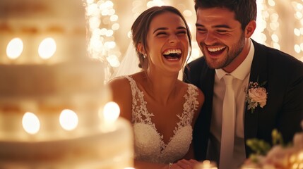 A joyful couple shares a moment at their wedding reception, surrounded by soft lights and a beautifully decorated cake.