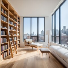 Fototapeta premium Modern Apartment Living Room with City View and Bookshelves