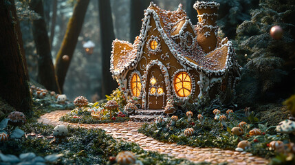 Fototapeta premium Gingerbread house surrounded by enchanted forest with glowing windows at twilight
