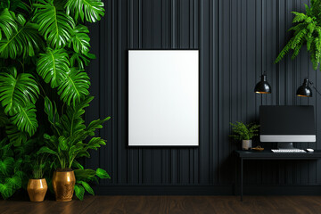 blank white poster mockup on dark wall with lush green plants, creating modern office atmosphere. scene is inviting and stylish, perfect for showcasing artwork