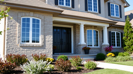 Elegant Brick House Exterior with Landscaping and Garden. Beautiful Home Architecture, Real Estate Property, Residential Building Design