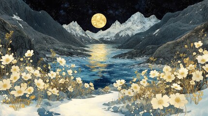 Serene moonlit landscape with snow, flowers, and reflective water