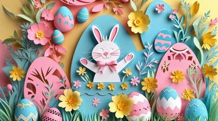 3D papercut style. cute colorful vibrant color Easter design with cute bunnies, eggs, beautiful flowers, fun template for greeting cards, invitations, banners, wallpapers	