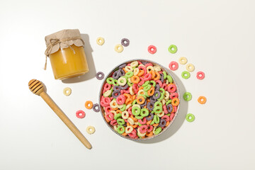 Colorful cornflakes, concept of tasty breakfast, morning food