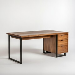 Modern Wooden Desk with Metal Frame and Drawers