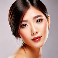 Fototapeta premium person with dark hair and red lips looks forward, with neutral backdrop.