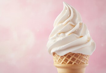 Close-up of a creamy vanilla soft serve ice cream cone against a pink background.