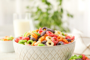 Colorful cornflakes, concept of tasty breakfast, morning food, space for text