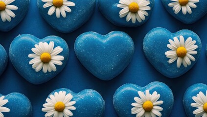 Obraz premium Blue Hearts with Daisies: A Romantic and Serene Arrangement