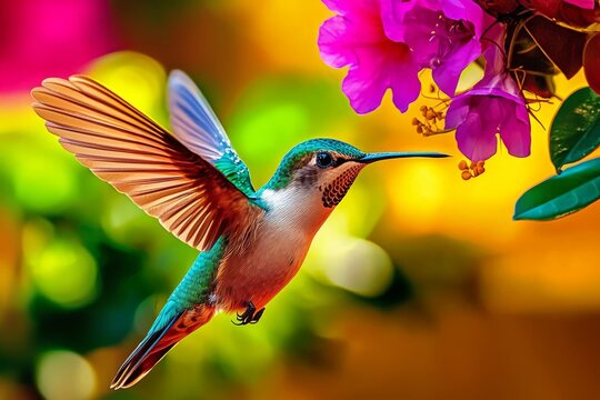 A close-up view of a hummingbird in flight.