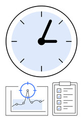 Clock indicating time, analytics chart with data focus point, and checklist with completed tasks. Ideal for productivity, planning, scheduling, organization, deadlines, tracking progress abstract